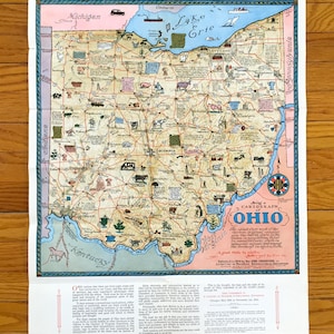 Antique 1934 Ohio State Cartographic Centennial Map – Columbus, Cleveland, Cincinnati, Akron, Dayton, Toledo, Chagrin Falls, Youngstown, OH