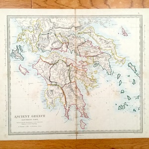 Antike 1866 Antike Griechenland Landkarte aus SDUK Atlas – Athen, Korinth, Sparta, Patras, Prearrika, Kalamata, Saronic, Kykladen Inseln, Negropont