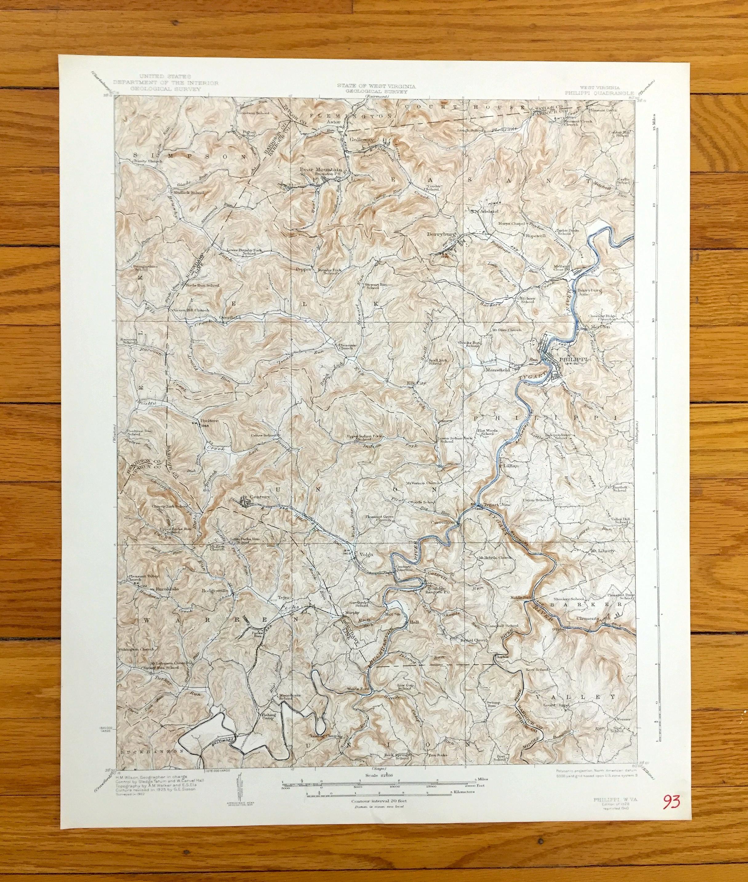 Antique Philippi, West Virginia 1928 US Geological Survey