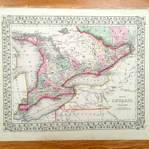 Antique 1871 Ontario, Canada Mappa di S.A. Mitchell – Toronto, Ottawa, Windsor, Londra, Cascate del Niagara, Michigan, New York, Mille Isole