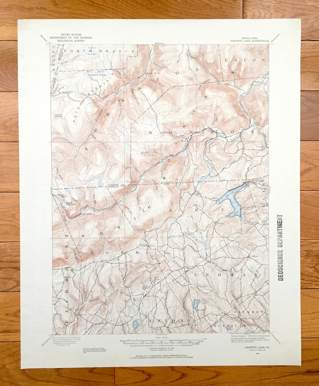 Antique Harveys Lake, Pennsylvania 1891 US Geological Survey