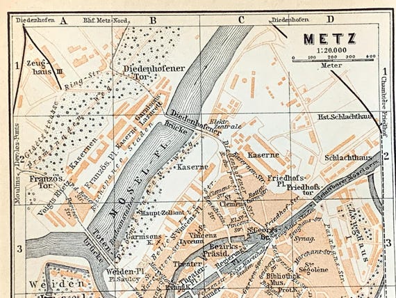 アンティーク 1911 年メス、フランス Baedekers Guide Atlas の地図