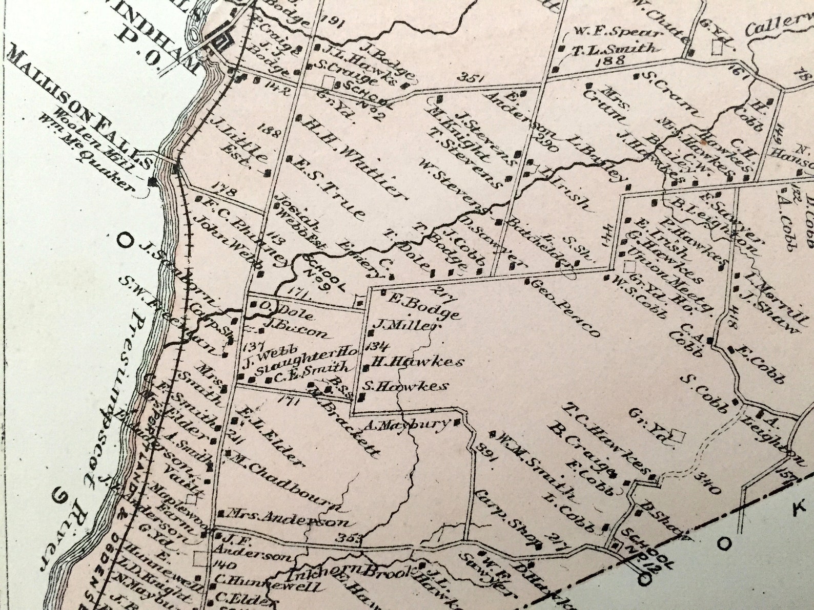 Antique 1871 Windham Maine Map from F.W. Beers Atlas of Etsy