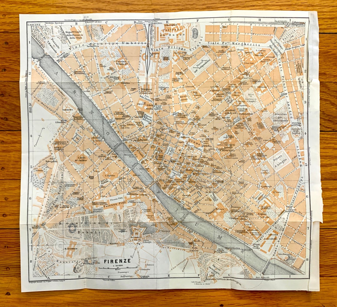 Antique 1913 Florence, Italy Map From Baedekers Guide – Firenze