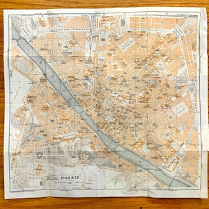 Antiek 1913 Florence, Italië Kaart van Baedekers Gids – Firenze, Toscane, Rivier arno, Uffizi, Michelangelo, Duomo, Medici, Ponte Vecchio