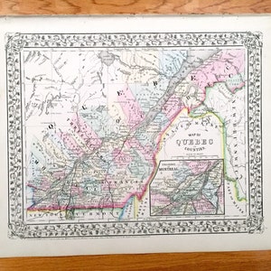 Mapa antigo de Quebec, Canadá, 1871, de SA Mitchell - Montreal, Three Rivers, St. Francis, Terre Bonne, City, Sherbrooke, New Brunswick, QC
