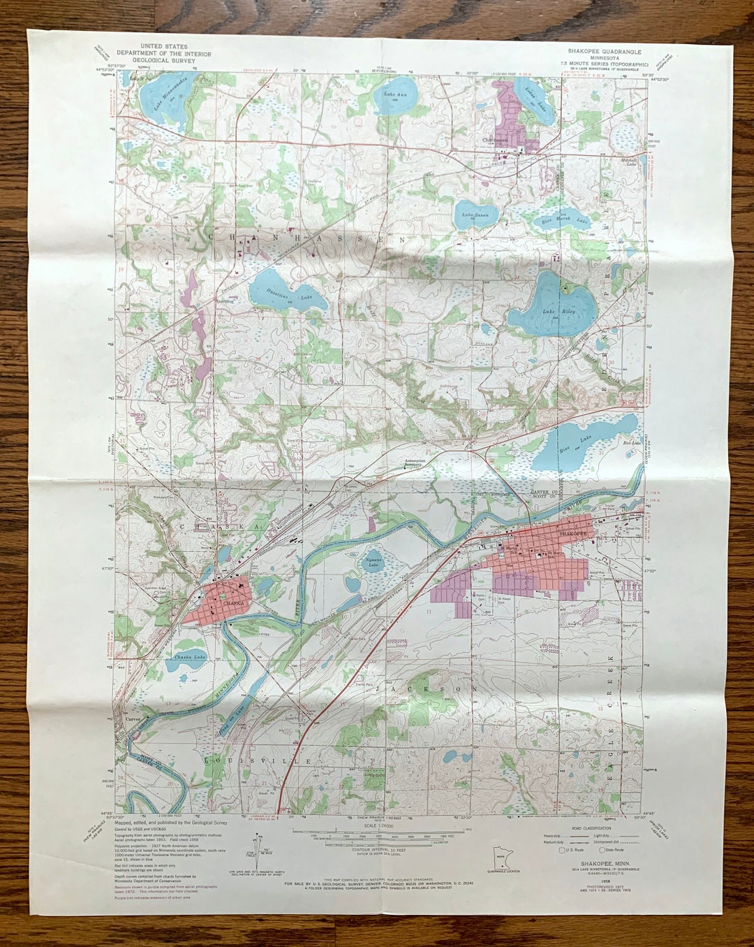 Antique Shakopee, Minnesota 1958 US Geological Survey Topographic Map Scott, Carver, Hennepin