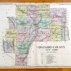 Antik Ontario County, New York 1911 New Century Atlas Karte – Canandaigua, Genf, Victor, Phelps, Honeoye, Manchester Bristol Bloomfield NY