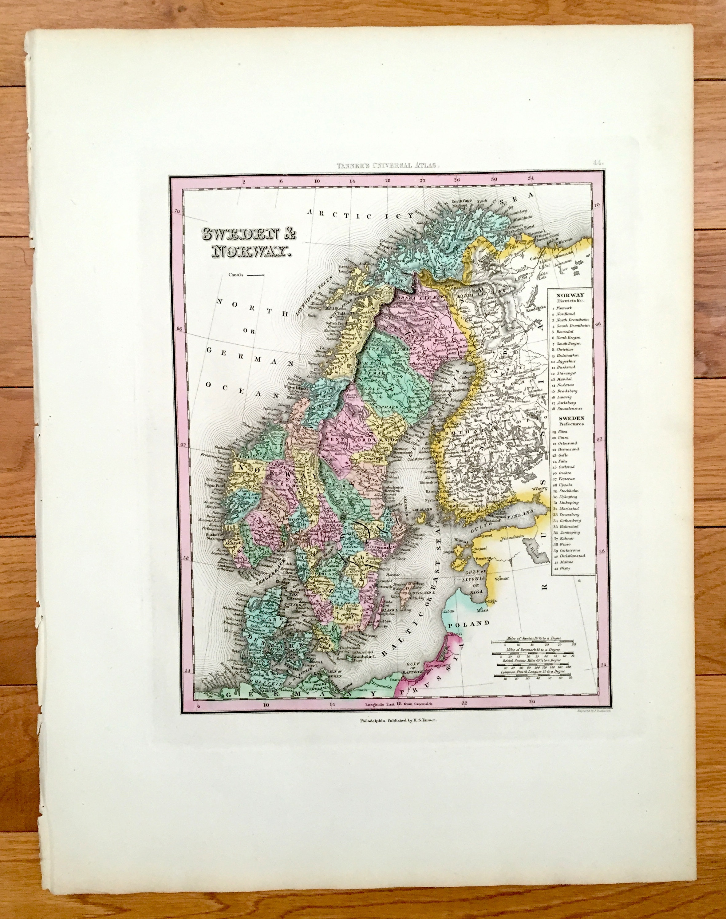 Antique 1841 Suède, Norvège - Danemark Carte de l'Atlas Universel de H.S. Tanner - Scandinavie, Baltique, Arctique, Finlande, Jutland, Stockholm