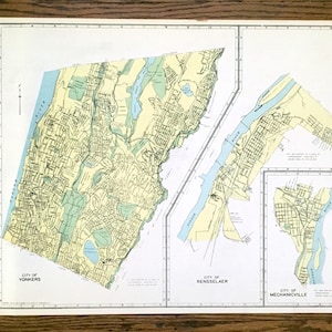 Antike Yonkers, Rensselaer & Mechanicville, New York 1941 Historischer Atlas Stadtplan – Hudson River Valley, Westchester County, NY