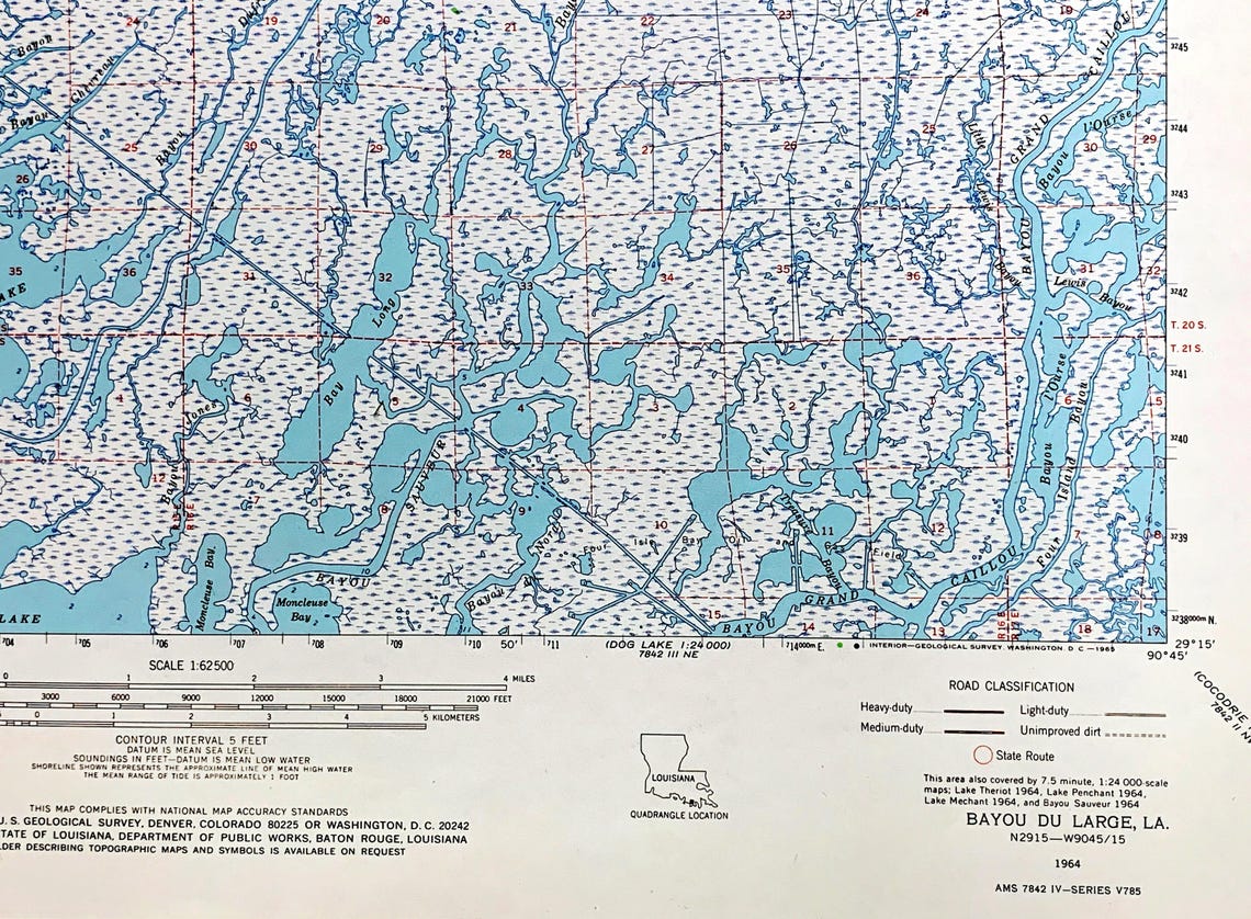 Antique Bayou Du Large, Louisiana 1964 US Geological Survey Topographic ...