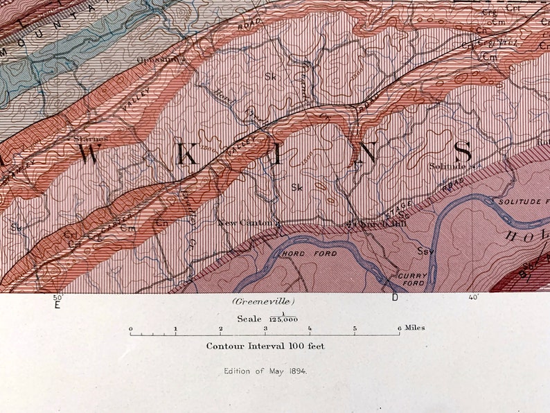 Puede incluir: Un mapa vintage del &aacute;rea de Greeneville en Tennessee, con l&iacute;neas de contorno y caracter&iacute;sticas del r&iacute;o. El mapa est&aacute; fechado en mayo de 1894 y tiene una escala de 1:125.000. El intervalo de contorno es de 100 pies.