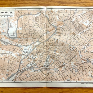 Antik 1906 Manchester, England Karte von Baedekers Atlas von Großbritannien – River Irwell, Lancashire, Cheshire, North West England