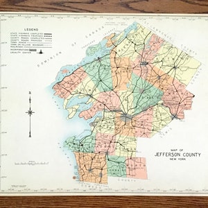 Antik Jefferson County, New York 1941 Historische Atlas Karte – Watertown, Sackett es Harbor, Alexandria Bay, Clayton, Chaumont, Carthage, NY