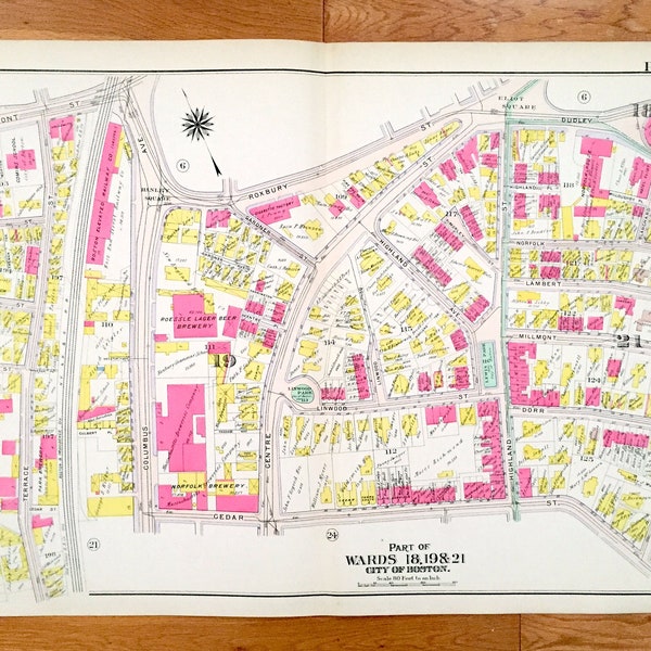 Antique 1906 Brookline & Roxbury, Massachusetts Map from GW Bromley Atlas – Boston, Suffolk County, Mission Hill, Fort Hill Jon Eliot Square