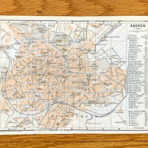 Antiquités 1911 Aix-la-Chapelle, Allemagne, carte de l'atlas du guide Baedekers - Rhénanie du Nord-Westphalie, Burtscheid, ville thermale, cathédrale, rivière Wurm