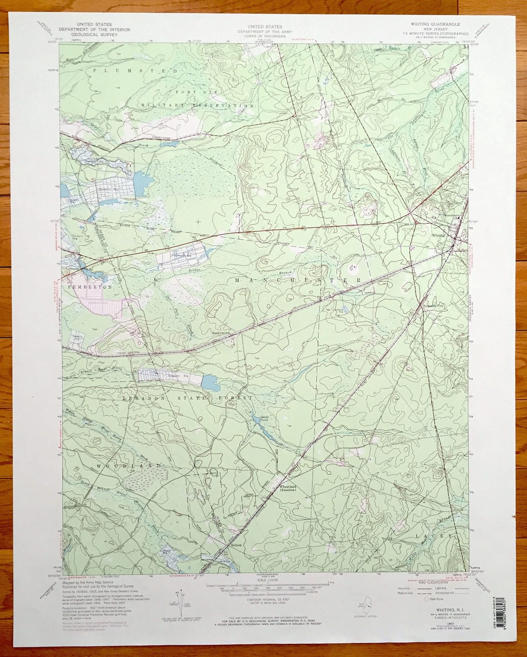 Antique Whiting, New Jersey 1957 US Geological Survey Topographic Map Plumstead, Pemberton