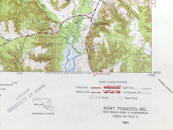 port tobacco md map Antique Port Tobacco, Maryland 1951 US Geological Survey Topographic Map –  Prince Georges, Charles County, Pomonkey, Millards Mill, MD