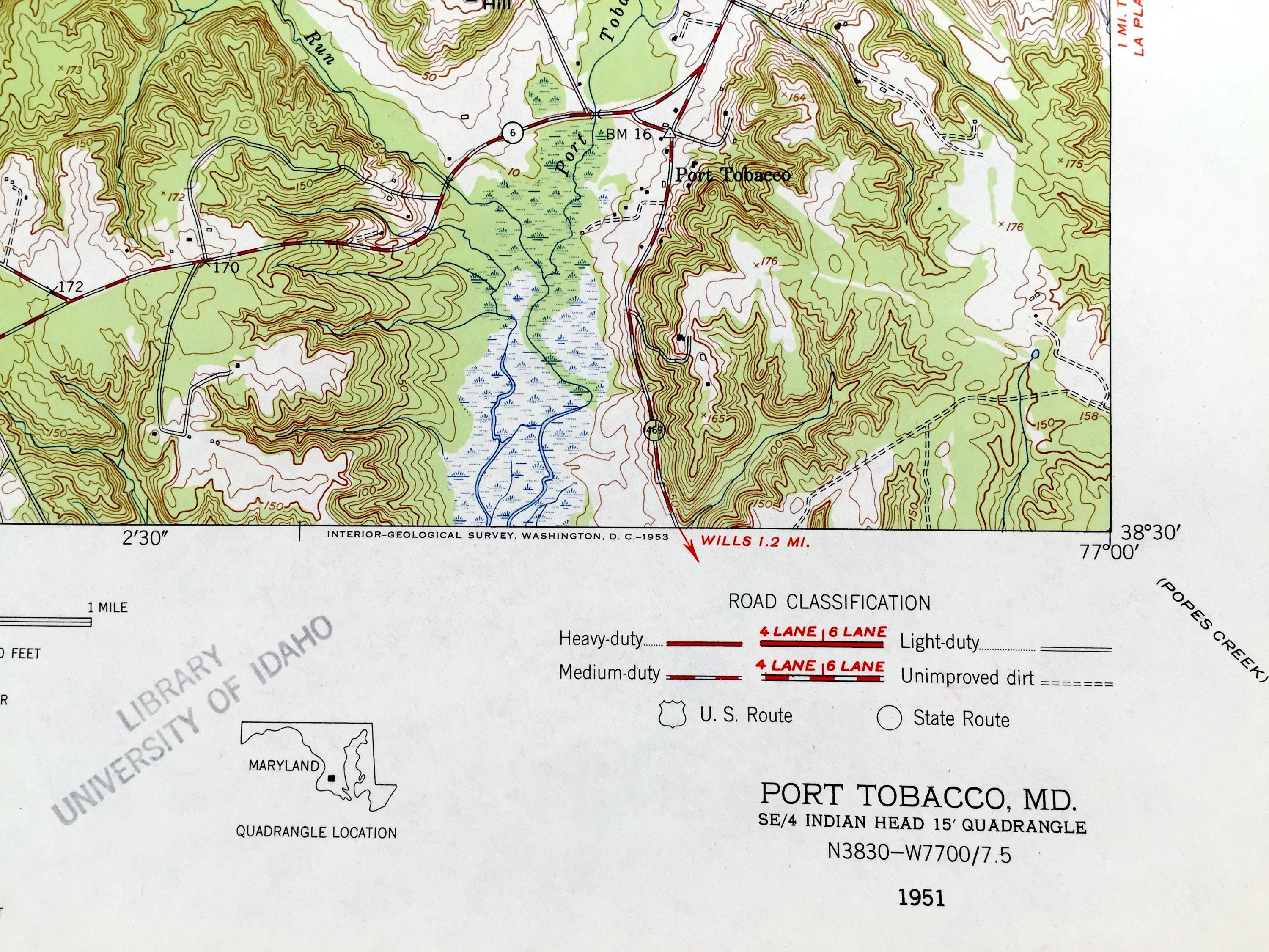 Antique Port Tobacco, Maryland 1951 US Geological Survey Topographic Map –  Prince Georges, Charles County, Pomonkey, Millards Mill, MD