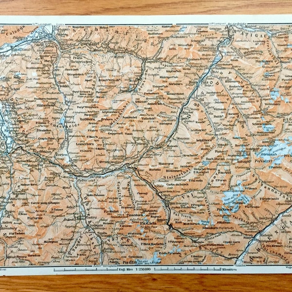 Antike 1913 Chur, Schweiz Karte von Baedekers Guide Atlas – Ems, Thusis, Davos, Malix, Wiesen, Zorten, Platz, Piz d'Aela, Piz d'Err Alpen