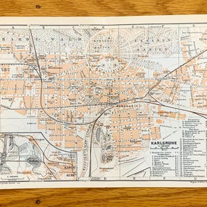 Antique 1911 Karlsruhe, Germany Map from Baedekers Guide Atlas – Baden-Württemberg, Muhlburg, Daxlander, Hafen, Knielingen, Rhine River