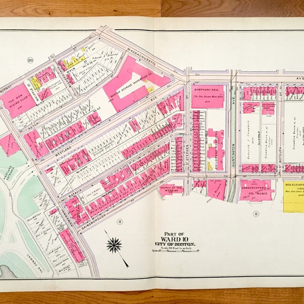 Antique 1906 Fenway-Kenmore, Boston, Massachusetts Map from GW Bromley Atlas – Suffolk County, Northeastern, Back Bay Fens, Symphony MA