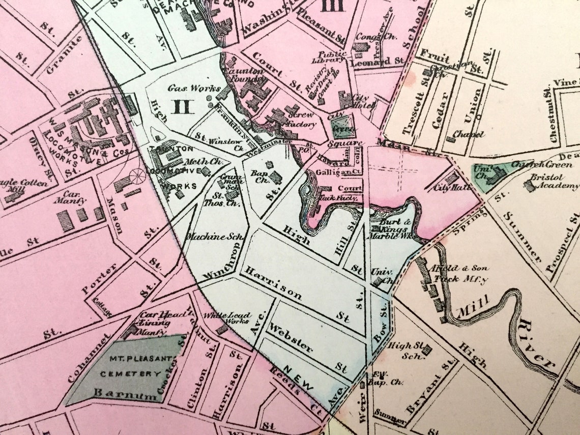 Antique 1871 Taunton Massachusetts Map From F.W. Beers Atlas Etsy