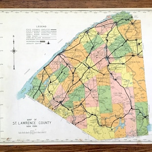 Antique St Lawrence County, New York 1941 Carte de l’Atlas historique – Canton, Potsdam, Ogdensburg, Morristown, Massena, Cranberry Lake, Madrid NY