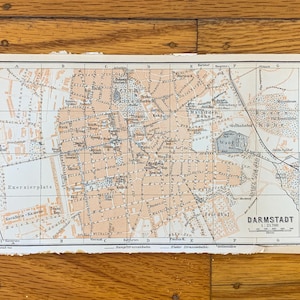 Mapa antiguo de Darmstadt, Alemania, de 1911, de Baedekers Guide Atlas: región del Rin-Meno, Hesse, Ciudad de las Ciencias, UNESCO, Jugendstil Art Nouveau