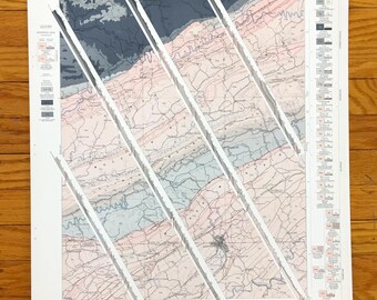 May include: A vintage map titled "STRUCTURES-SECTION SHEET" with diagonal cut lines. The map features a detailed illustration with shades of pink, blue, and gray, and includes a legend and topographical details. The map is on a white background.