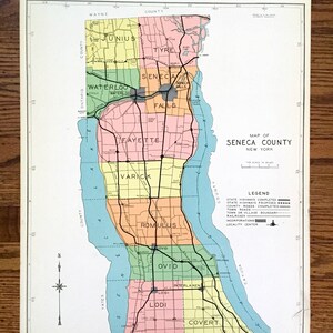 Antike seneca County, New York 1941 Historische Atlas Karte – Finger Seen, Seneca Falls, Interlaken, Ovid, Cayuga Lake, Waterloo, Romulus, NY