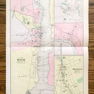 Antike 1871 Bath, Maine Karte von J.H. Stuart Atlas of Maine - Brunswick Village, Winthrop, Richmond, Dexter, Camden, Bowdoin College, ME