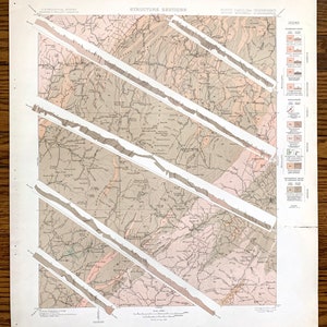 May include: A vintage geological map of the North Carolina Transverse Ranges, Mitchell Quadrangle. The map features a detailed illustration of the area's geological formations, including mountains, rivers, and roads. The map is divided into sections, each with a different colour representing a different geological formation. The map also includes a legend explaining the different colours and symbols used.