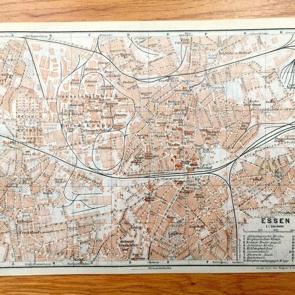 Antique 1925 Essen & Dortmund, Germany Map from Baedekers Guide Atlas – Witten, Annen, Wengren, Hagen, Boele, Kirchende, Herdecke, Syburg