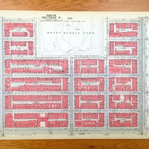 Antique Manhattan, New York City Mappa dal Manhattan Land Book di Bromley del 1934 - Harlem, Marcus Garvey Park, Mount Morris Park, Harlem NYC NY