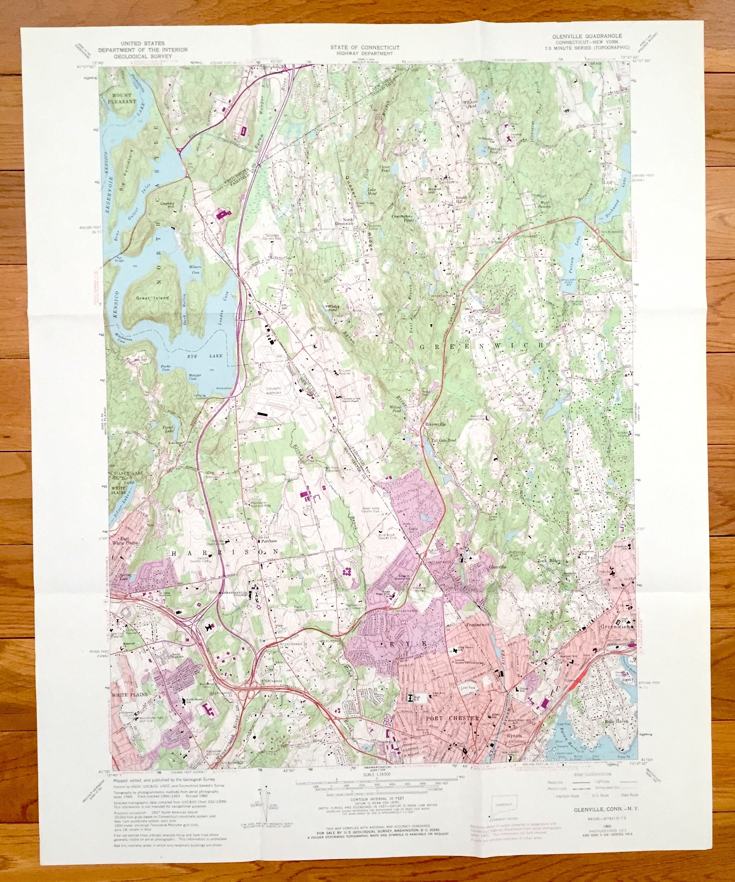 Antique Glenville, Connecticut & NY 1960 US Geological Survey Topographic Map – Fairfield County, Mount Pleasant, White Plains Greenwich Rye