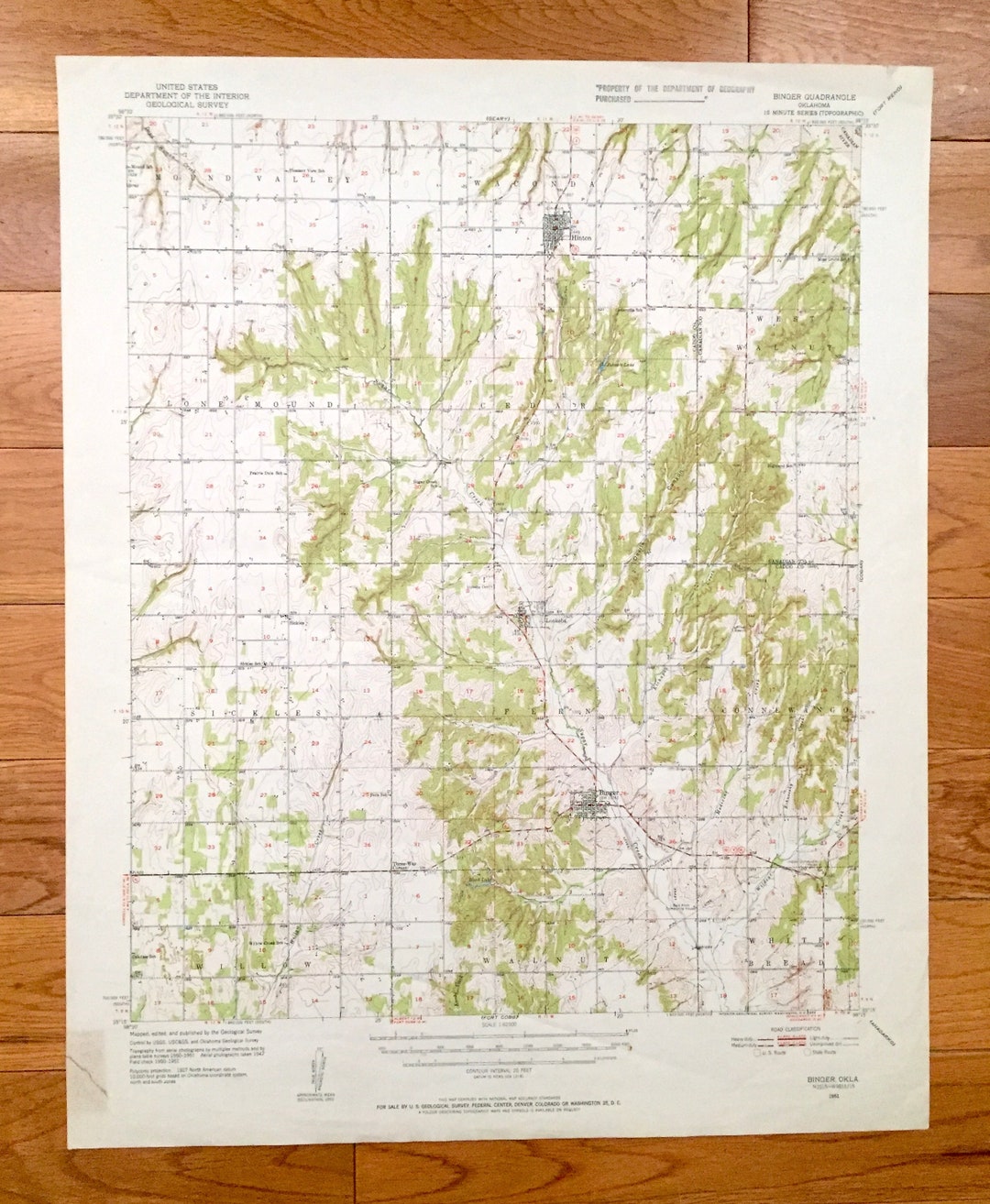 Antique Binger, Oklahoma 1951 US Geological Survey Topographic Map