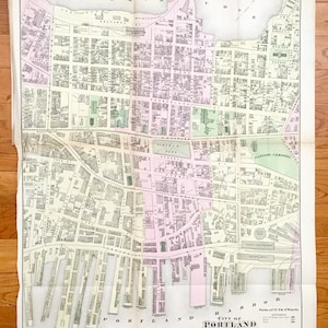 Antike 1871 Portland, Maine Karte von F.W. Beers Atlas von Cumberland County – Downtown, Old Port, West Bayside, Munjoy Hill, Back Cove, Fore