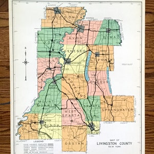 Antik Livingston County, New York 1941 Historische Atlas Karte – Geneseo, Caledonia, Avon, Mount Morris, Nunda, Dansville, Conesus Hemlock NY