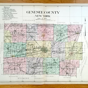 Antique Genesee County, New York 1911 New Century Atlas Kaart – Batavia, Oakfield, Darien, Corfu, Pavilion, Le Roy, Stafford Alexander Elba NY