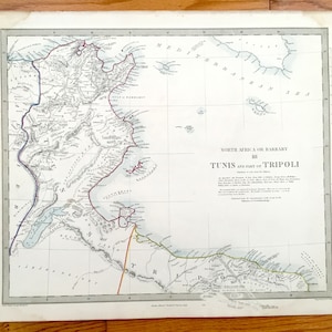 Antique 1856 Tunisie - Libye Carte de l'Atlas SDUK - Algérie, Tripoli, Côte barbare, Mer Méditerranée, Afrique du Nord, Sicile, Malte, Misrata