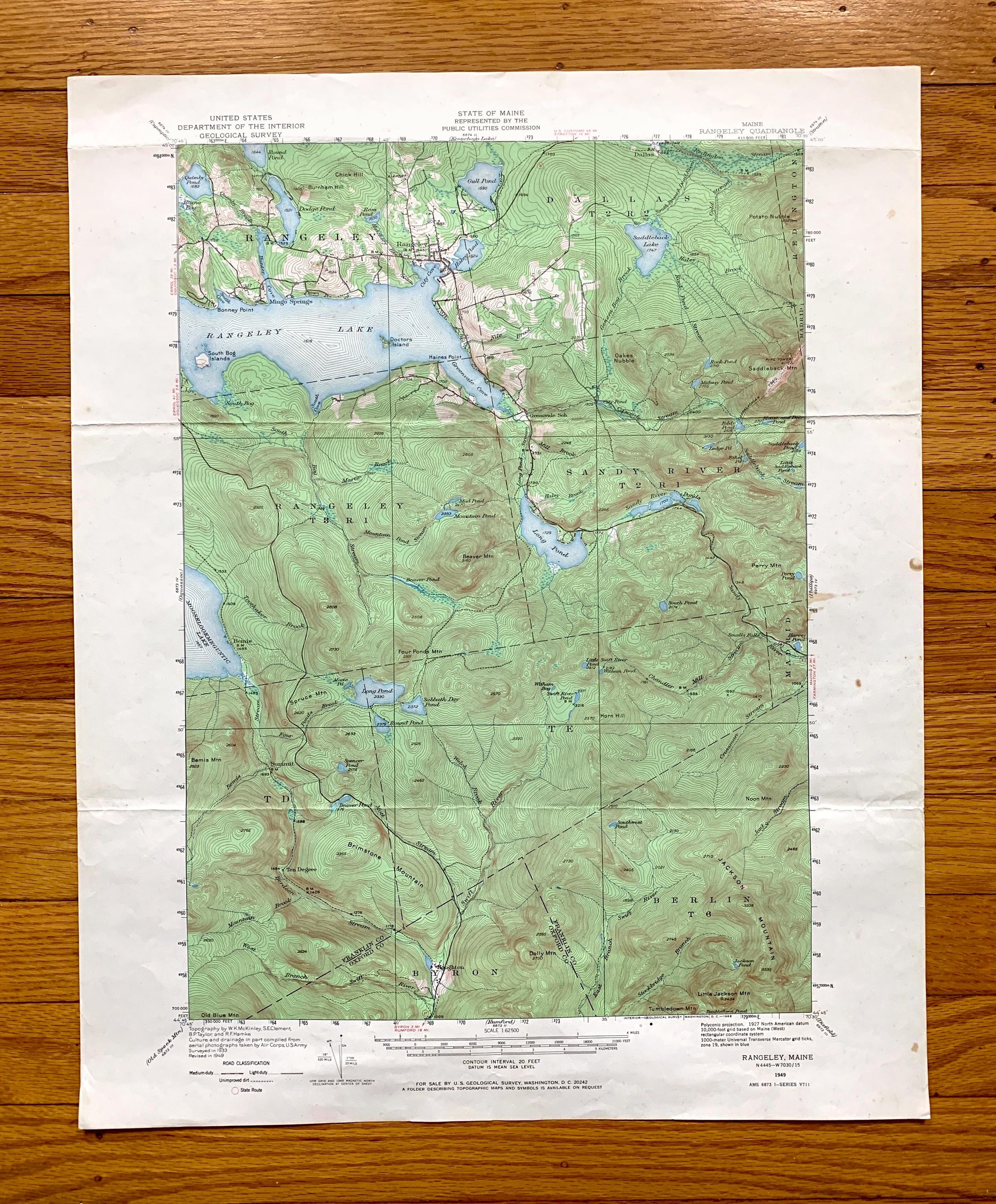 貴重Sandy  Rangeley Lakes #6 Late HO Antique Rangeley Lake, Maine 1949 US Geological Survey Topographic