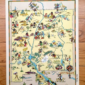 Antieke kaart van de staat New Mexico uit 1938 uit Our Gay Geography door Ruth Taylor - Albuquerque, Las Cruces, Rio Rancho, Santa Fe, Roswell, Clovis, NM