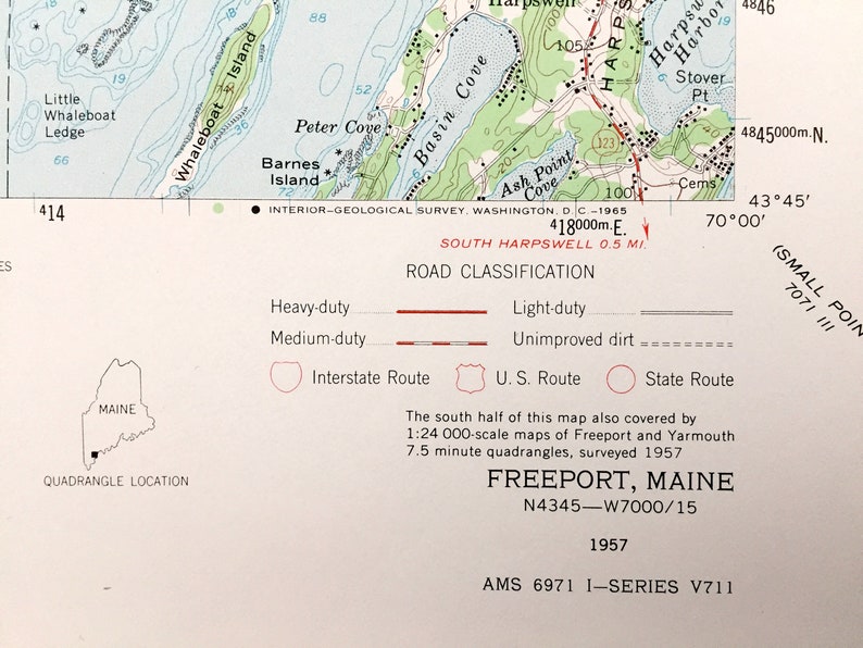 Antique Freeport Maine 1957 US Geological Survey Topographic Etsy