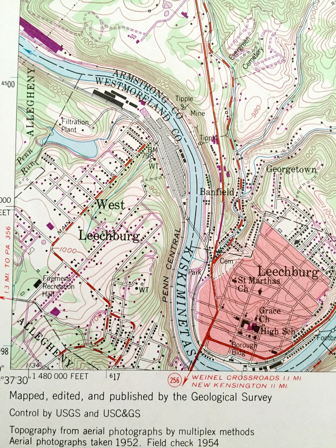 Antique Leechburg Pennsylvania 1954 US Geological Survey Etsy