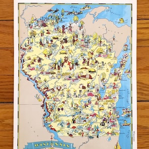 Puede incluir: Un mapa ilustrado vintage de Wisconsin con una pancarta azul en la parte inferior que dice "WISCONSIN". El mapa está lleno de dibujos animados de personas, animales y puntos de referencia. El mapa está rodeado por un borde blanco.