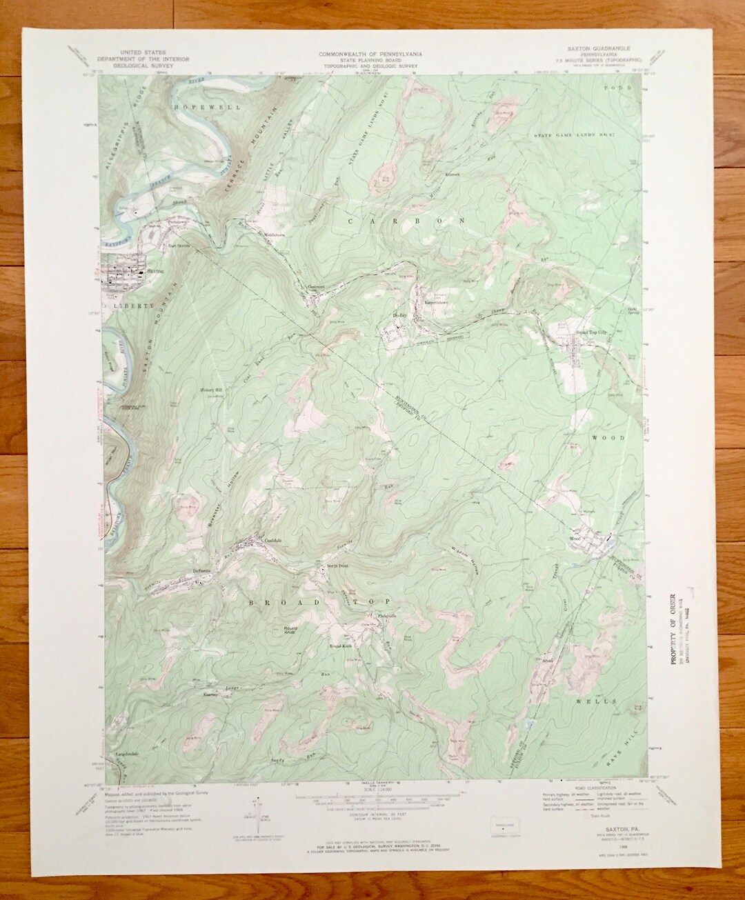 Antique Saxton, Pennsylvania 1968 US Geological Survey Topographic Map