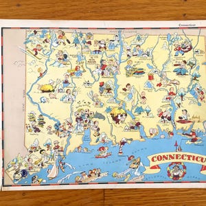 May include: A vintage illustrated map of Connecticut featuring cartoon characters depicting various activities and landmarks. The map is on a white background with a blue border and the text "CONNECTICUT" in a red banner.