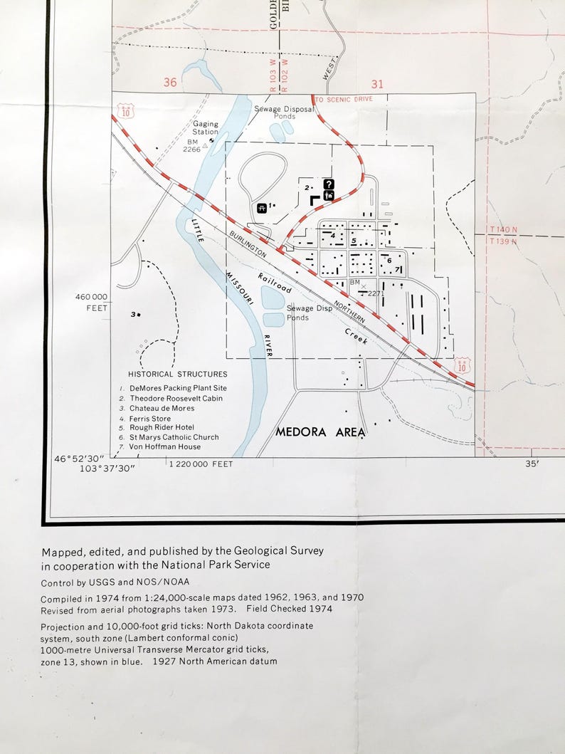 Medora Map Antique Theodore Roosevelt Memorial National Park, North Dakota 1974 US ...