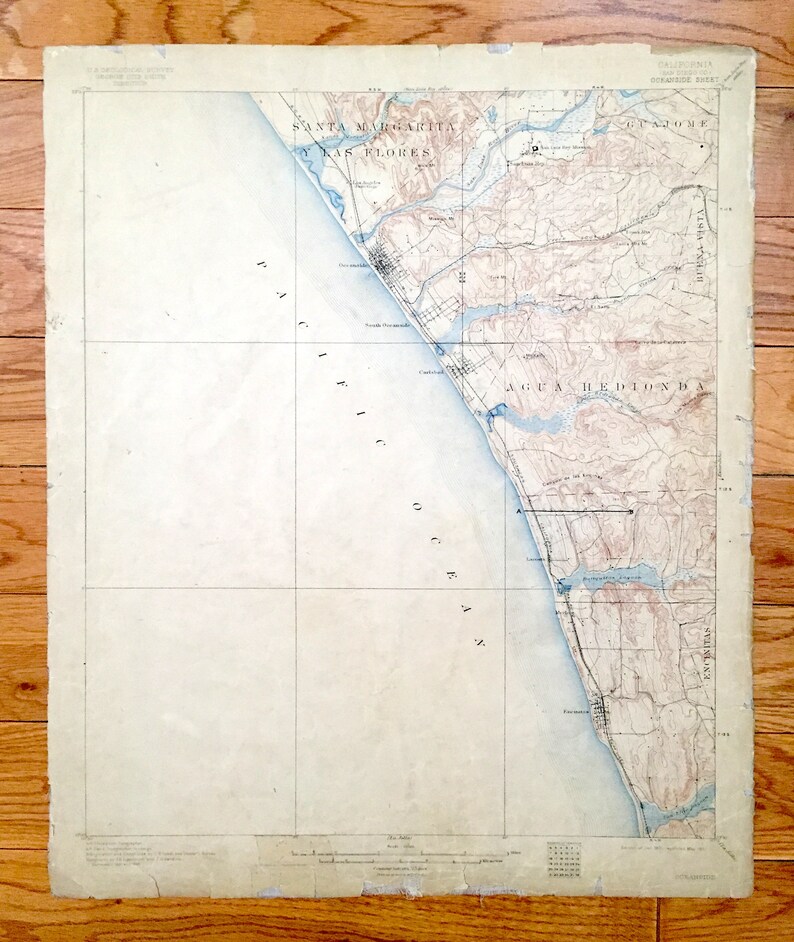 Escondido Carlsbad California 1901 US Geological Survey Topographic Map \u2013 San Luis Rey Merle CA Antique Oceanside Encinitas Santa Rosa
